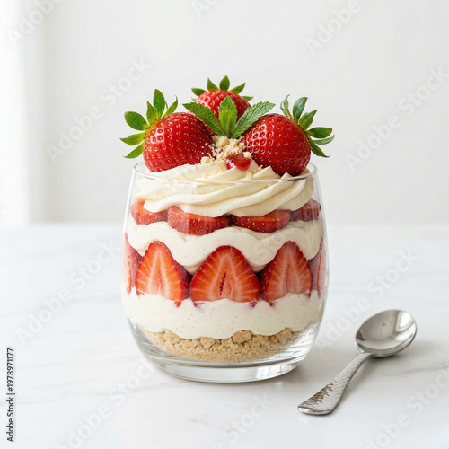 strawberry dessert, fresh strawberries, creamy dessert, glass cup dessert, minimal food, aesthetic food, healthy dessert, sweet food, gourmet dessert, food photography, clean background, modern style,