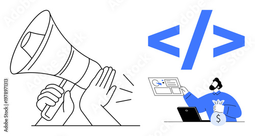Digital marketing, coding education, financial investment, tech innovation, advertising, business growth. A megaphone, coding symbol and a person managing finances. Digital marketing and coding