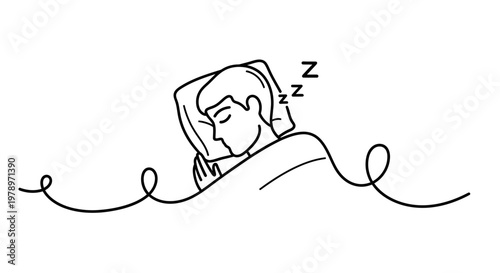 A simple line drawing illustration shows a person sleeping peacefully in bed, depicted with 'Zzz' symbols indicating slumber and rest