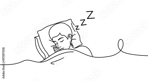 Simple single line drawing of a person sleeping peacefully on a pillow under a blanket, conveying rest and relaxation
