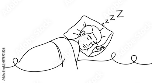 A continuous line drawing captures a person peacefully sleeping under covers on a pillow with 'zzz' indicating sleep, representing rest and relaxation