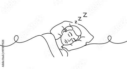 Continuous line drawing of a person sleeping peacefully on a pillow, representing rest, relaxation, and tranquility