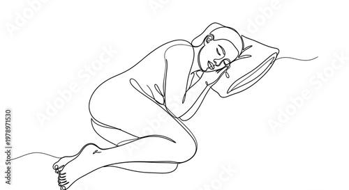 Continuous line art of a woman sleeping peacefully on her side on a pillow, emphasizing a sense of rest and relaxation in this artistic depiction