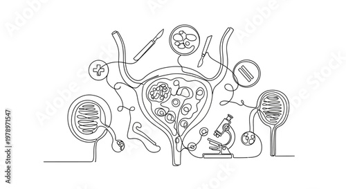 A detailed continuous line art illustration depicting the intricate anatomy of the human urinary bladder surrounded by essential medical research and diagnostic equipment