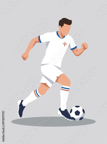 Minimalist flat vector illustration of a male soccer player dribbling a ball, faceless character, wearing red jersey with white shorts and striped socks