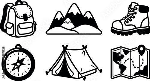 Black and white camping gear icons including backpack mountain boot compass tent and map