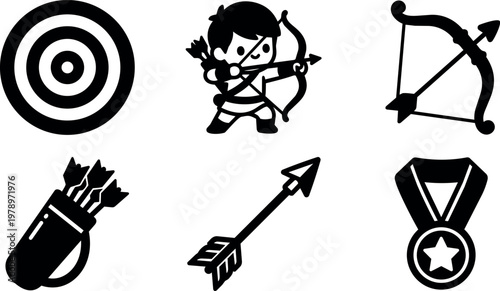 Black and white archery icons including archer target bow arrows and medal vector art