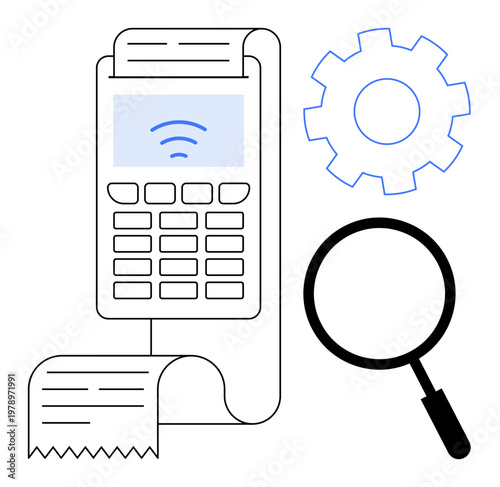 Digital payment concept. Digital transactions by a POS terminal with receipt, gear, and magnifying glass. Digital payment supports secure transactions and network systems. Perfect for e-commerce