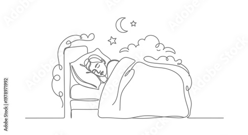 A single continuous line drawing depicts a serene individual peacefully sleeping soundly in a comfortable bed under a starry night sky with soft clouds