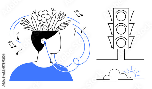 Mindfulness, music therapy, creativity, mental health, environmental awareness, traffic safety. Side profile of a person with growing plants, musical notes traffic light and a sunrise. Mindfulness