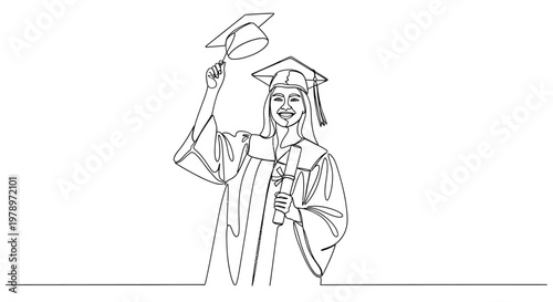 Continuous line art illustration of a smiling female graduate wearing a cap and gown holding a diploma, celebrating achievement