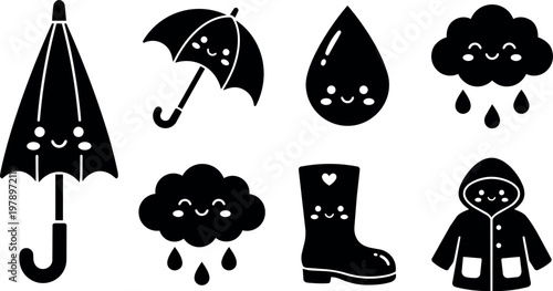 Black and white cute rainy day umbrella rain drop rain boots and raincoat vector art
