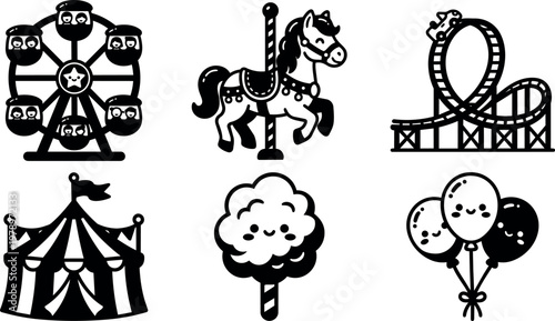 Black and white amusement park icons with ferris wheel carousel roller coaster cotton candy balloons