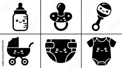 Black and white cute baby bottle pacifier rattle stroller diaper and onesie vector art
