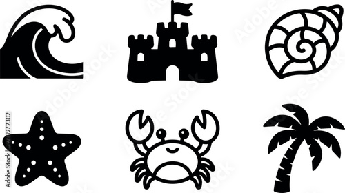 Black and white beach icons set with wave castle shell starfish crab and palm tree