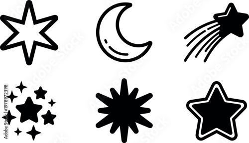 Black and white line art celestial stars and crescent moon icons