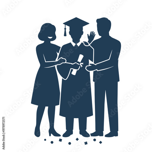 flat vector illustration of silhouette of a couple student graduation with family