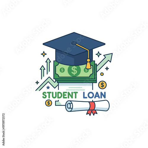 Conceptual flat vector illustration representing student loans, a graduation cap, and upward financial growth