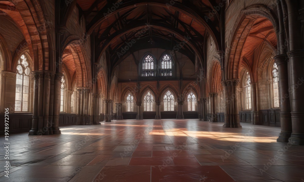 Obraz premium Old, stone-built parliament hall with red-tiled roof and Gothic arches, Spain, stone architecture