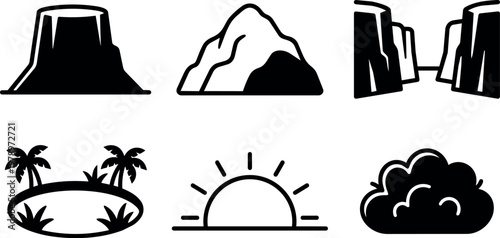 Black and white landscape icons including plateau mountain canyon oasis sunrise and bush