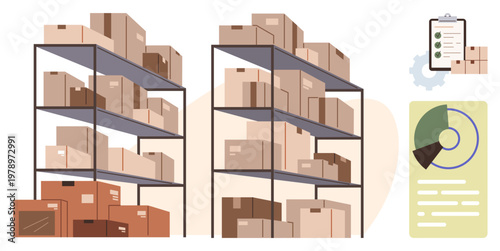 Logistics, inventory control, supply chain, warehouse management, stock tracking, business organization. Boxes on storage shelves, checklist pie chart. Logistics and inventory control concept