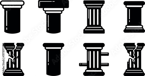 Black silhouette vector column icons with broken and reinforced designs