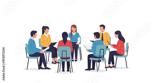 Diverse group of people sitting in a circle for a professional team meeting or therapy session. EPS Editable. Vector Illustrations.