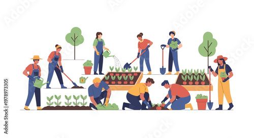 Diverse Group of People Gardening Together in an Urban Community Garden. EPS Editable. Vector Illustrations.
