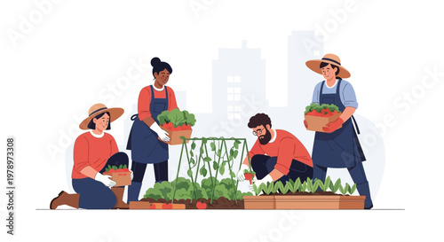 Diverse group of people working together in an urban community garden. EPS Editable. Vector Illustrations.