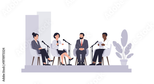 Diverse group of professionals sitting on chairs and participating in a panel discussion. EPS Editable. Vector Illustrations.