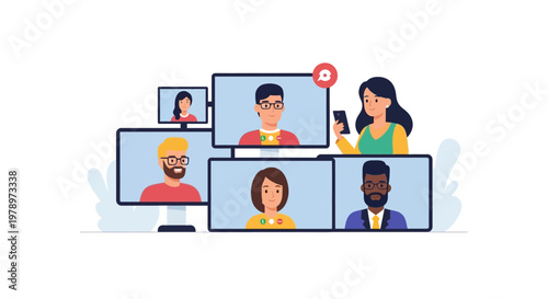 Diverse Group of Professionals Participating in an Online Virtual Meeting Conference. EPS Editable. Vector Illustrations.