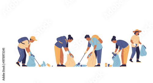 Diverse group of volunteers cleaning up trash in park. EPS Editable. Vector Illustrations.