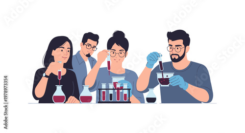 Diverse group of scientists working together in a chemistry laboratory. EPS Editable. Vector Illustrations.