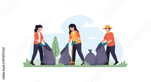 Diverse Group of Volunteers Collecting Trash in Large Garbage Bags. EPS Editable. Vector Illustrations.