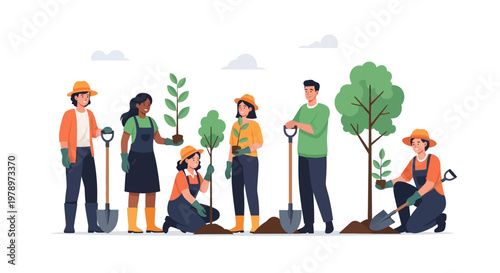 Diverse Group of Volunteers Planting Young Trees Together. EPS Editable. Vector Illustrations.