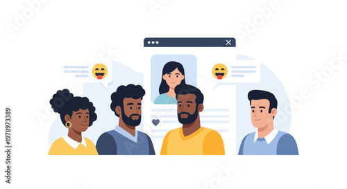 Diverse group of young people interacting on social media platform. EPS Editable. Vector Illustrations.