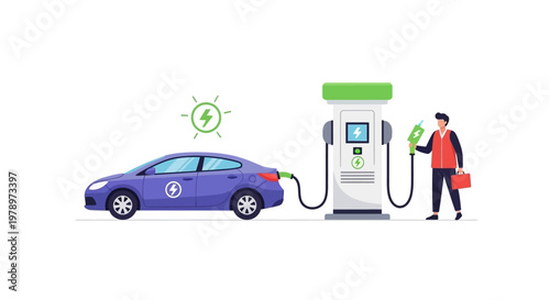 Electric car charging station with technician maintenance service illustration. EPS Editable. Vector Illustrations.