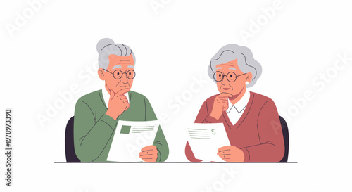 Elderly couple reviewing documents together. EPS Editable. Vector Illustrations.