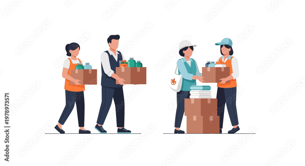 Obraz premium Group of volunteers packing and carrying cardboard boxes for charity donation. EPS Editable. Vector Illustrations.
