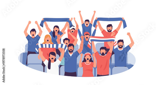 Group of enthusiastic sports fans cheering and celebrating in stadium. EPS Editable. Vector Illustrations.