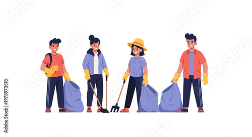 Group of diverse young volunteers cleaning up the environment. EPS Editable. Vector Illustrations.