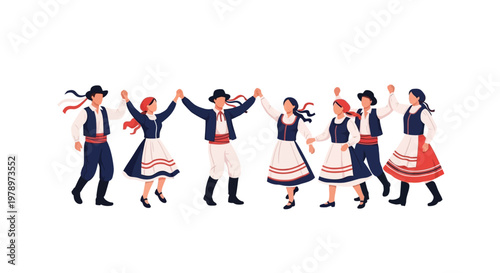 Group of People Performing Traditional Folk Dance in Ethnic Costumes. EPS Editable. Vector Illustrations.