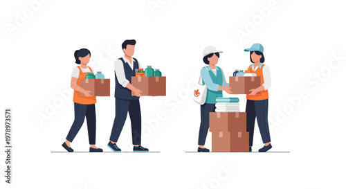 Group of volunteers packing and carrying cardboard boxes for charity donation. EPS Editable. Vector Illustrations.