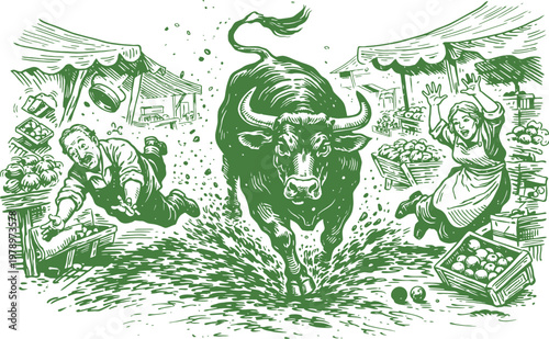 Wild Bull Rampage Market Chaos Sketch Art