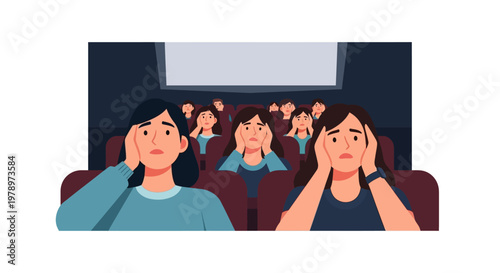 Group of young women watching a scary movie in a theater. EPS Editable. Vector Illustrations.