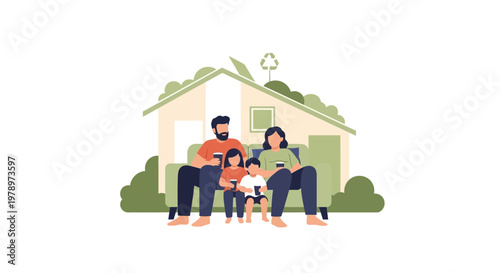 Happy family sitting together on a comfortable sofa. EPS Editable. Vector Illustrations.