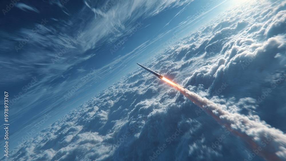 Obraz premium Rocket flying high above Earth atmosphere with glowing exhaust