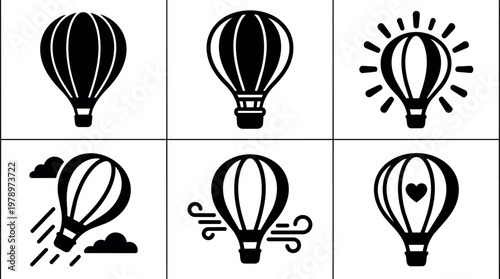 Black and white hot air balloon icons with wind heart and sun rays