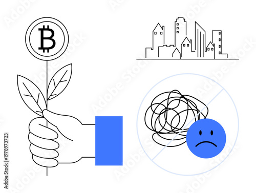 Cryptocurrency, sustainability, urban infrastructure, mental health, blockchain growth, economic trends. A hand holding a Bitcoin plant, city outline and sad face with scribbles. Cryptocurrency