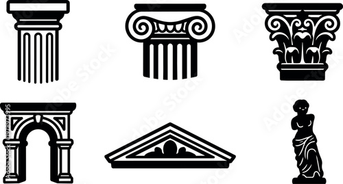 Greek architecture column capitals arch pediment and statue vector art set